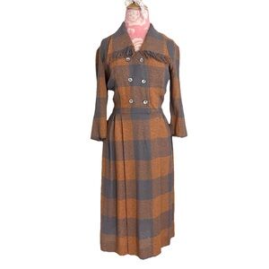 Vintage 60s J. Harlan Plaid Fringe Faux Wrap Collared Midi Knit Dress